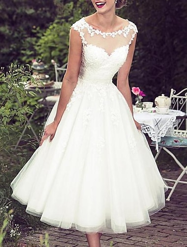  Robe blanche de mariée vintage 1940  1950 pour la shower Robes de shower de mariée Robes de mariage Robes A-Line Col illusion Sans manches Longueur thé Robes de mariée en dentelle avec appliqués 2025