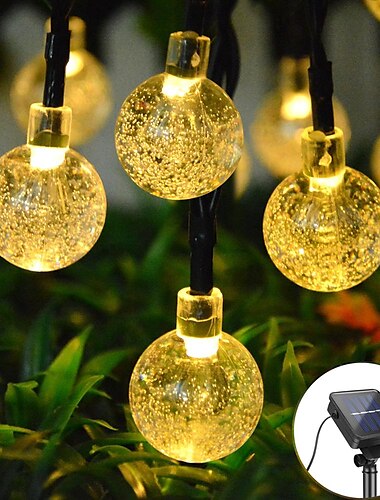  Elegante cadena de luces LED solares de 6,5 m y 30 ledes para recepción de bodas, lámpara de burbujas de bola de cristal, 8 funciones, luces de hadas impermeables para exteriores para jardín,