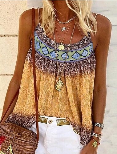  Women's Plus Size Camisole Tank Top Camisole Summer Tops Boho Geometric Sleeveless Strap Holiday Beach Yellow Pink Blue Purple