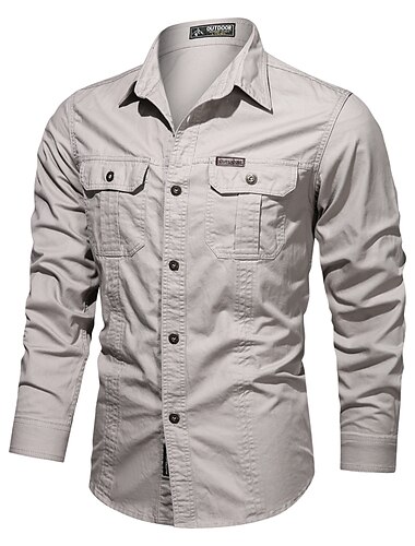  Herren Hemd Arbeitshemden Arbeitshemd Knopfhemd Cargohemd Schwarz Armeegrün Khaki Beige Langarm Einfach Einfarbig Kragen Täglich Bekleidung 100% Baumwolle Basic