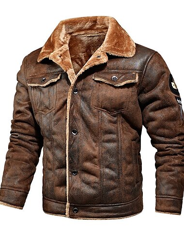  Męskie Skórzana kurtka Kurtka Sherpa Brązowa zamszowa kurtka Codzienny Keep Warm Ochrona przed deszczem Haft Solidne kolory Codzienny Wieczorne Regularny Regularny Czarny Brązowy Khaki Kurtki