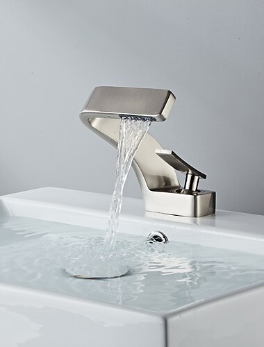  Waschbecken Wasserhahn Einhand-Einloch-Wasserfall-Mischbatterien Messing, 7-förmige Biegung Gefäßhahn Chrom Nickel gebürstet Schwarzgold