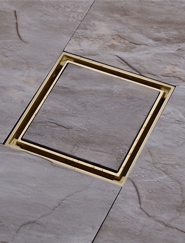 4 inch Shower Floor Drain Square, Removable Brass Flange Reversible 2-in-1 Cover Tile Insert Grate, Hair Catcher Strainer Black Chrome Golden