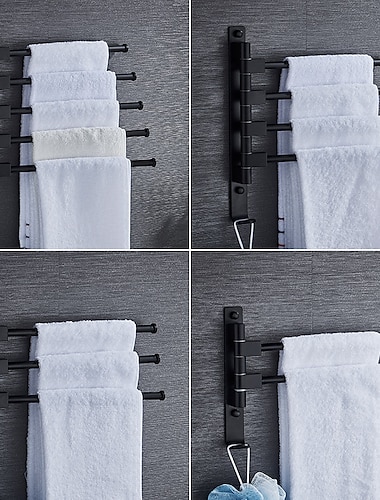 barra de toalla negra mate con gancho, brazo oscilante autoadhesivo montado en la pared, barra de toalla de barras múltiples de aluminio contemporáneo, 1 pieza