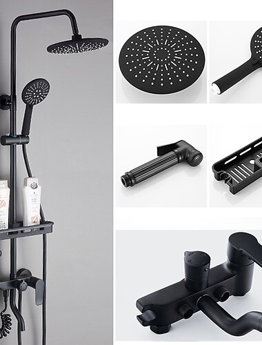  Duschsystem-Wasserhahn-Kombiset mit 8-Zoll-Regenduschkopf, Multifunktions-Handbrause, verstellbarer Gleitstange und Seifenschale, wandmontierte Keramikventil-Badewannen-Duschmischbatterien