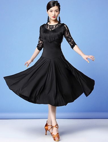  Платье для латинских танцев с кружевной бахромой и кисточками, женское тренировочное платье с рукавами 3/4, высоким кружевом из молочного волокна