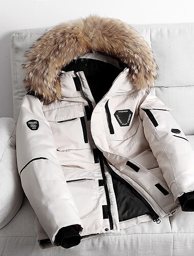  Herren Wintermantel Daunenjacke puffer jacket Winterjacke mit Kunstpelz 90% weiße Entendaunen Sport & Natur warm Winter Feste Farbe Schwarz Wein Pufferjacke