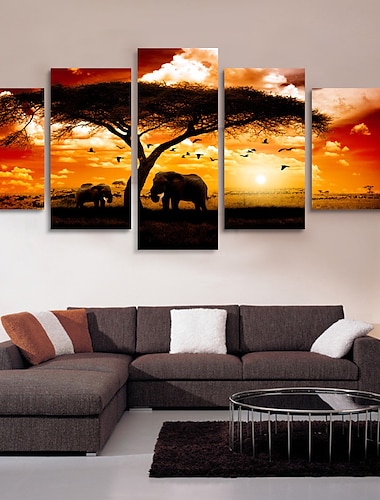  5 لوحات جدار الفن قماش يطبع الملصقات اللوحة الفنية صورة الفيل الحيوان شجرة الغروب ديكور المنزل توالت قماش مع إطار ممتد