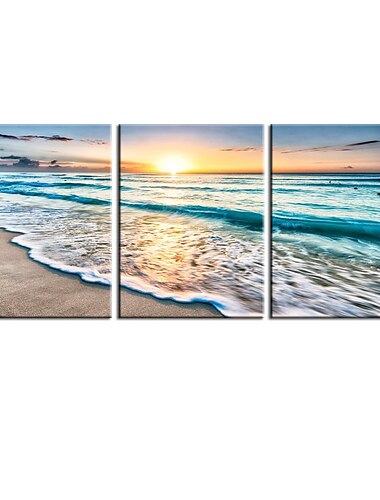  3 Paneele Wandkunst auf Leinwand, Poster, Gemälde, Kunstwerk, Bild, blaues Meer, Sonnenuntergang, weißer Strand, Landschaft, moderne Heimdekoration, Dekoration, gerollte Leinwand, kein Rahmen,