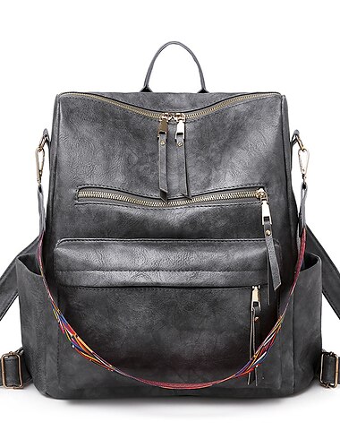  Brauner Damen-Rucksack aus Kunstleder mit buntem Riemen und Reißverschlusstaschen – stylische, wandelbare Umhängetasche für Reisen, Arbeit oder den täglichen Gebrauch