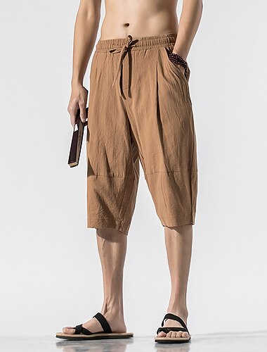  Herren Shorts Kurze Hosen Leinenshorts Kurze Hosen Sommer-Shorts Strandshorts Kurze Hosen Caprihose Patchwork Kordelzug Glatt Komfort Atmungsaktiv Wadenlänge Heim Täglich Basic Chinoiserie Lockere