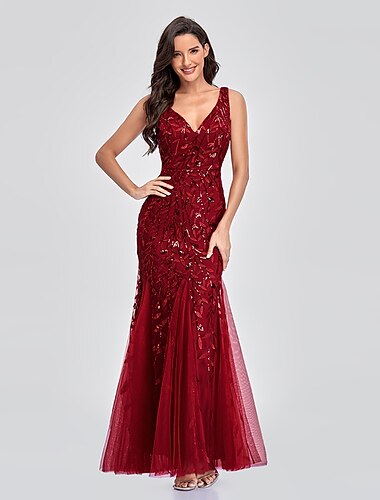  Corte Trompeta / Sirena Vestidos de noche Elegante Vestido San Valentín Invitado a la boda Hasta el Suelo Sin Mangas Escote en Pico Tul V Atrás con Bordados 2024