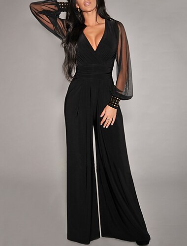  Dames Jumpsuit Hoge taille Netstof Effen Kleur V-hals Elegant Feest Dagelijks Breed Been Slank Lange mouw Zwart Wijn S M L Herfst