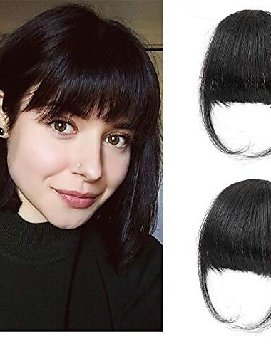  clip dans la frange - 100% cheveux humains frange vaporeuse clip dans les extensions de cheveux, frange noire avec des tempes postiches pour les femmes frange incurvée pour un usage quotidien