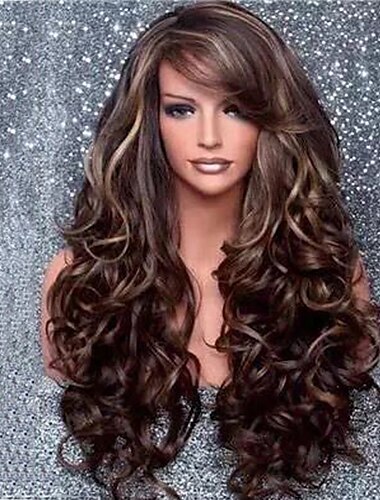  Pelucas sintéticas Rizado Ondulado Pequeño Con flequillo Peluca Larga Morrón Oscuro Pelo sintético 26 pulgada Mujer Diseños de Moda Fiesta Cómodo Marrón Oscuro / Ropa Cotidiana