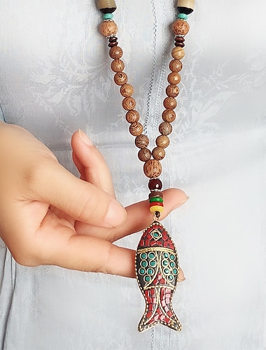  Women's Pendant Necklace Beaded Necklace Drop Fish Unique Design Ethnic Fashion Vintage Wooden Resin Alloy Brown 80 cm Necklace Jewelry 1pc For Street Sport Gift Prom Festival / Long Necklace