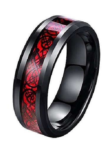  Δαχτυλίδι 8 mm κόκκινο ανθρακονήματα μαύρο κελτικό δράκο για άνδρες με λοξότμητες άκρες γαμήλια ζώνη (13)