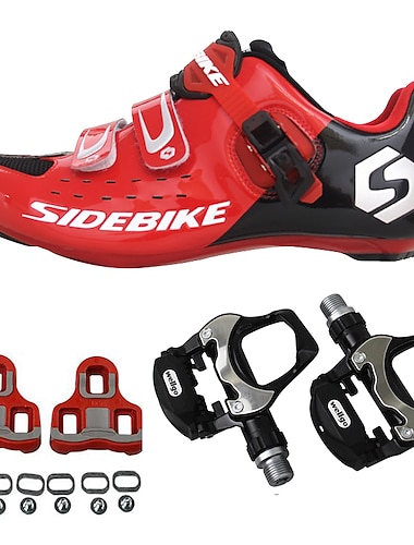  SIDEBIKE Взрослые Велообувь с педалями и шипами Обувь для шоссейного велосипеда Углеволокно Амортизация Велоспорт Красный Муж. Обувь для велоспорта / Дышащая сетка
