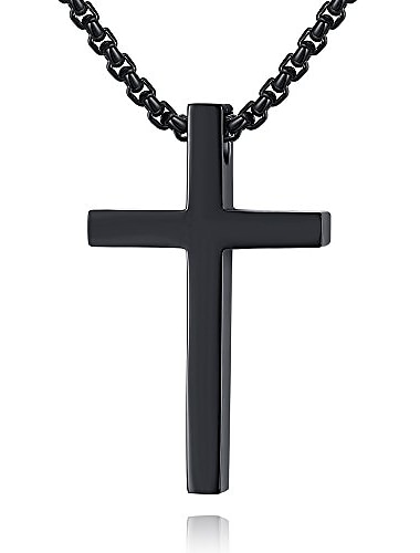  Collar de cadena con colgante de cruz de acero inoxidable simple para hombres y mujeres, cadena de eslabones de 20 a 22 pulgadas (negro: colgante de 1.20.7 '' + cadena rolo de 20 '')
