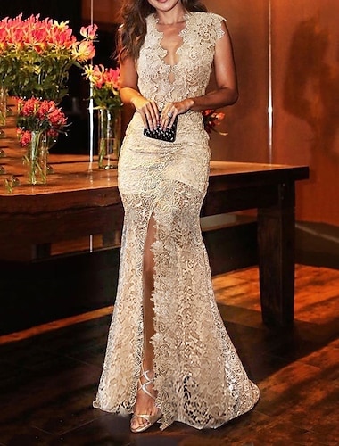  Mermaid Party Dress Sexy Floral Engagement Formal Evening Dress V Neck Sleeveless Sweep / Brush Train Lace with Slit 2022