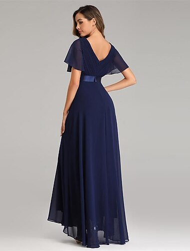  A-Linje Ruched Bryllupsgjest Kjole StrandBryllup Elegant Formell Black Tie Brudepike Gulvlengde Kort Ermer V-Hals Chiffon V-Rygg med Rynker Kjole å imponere