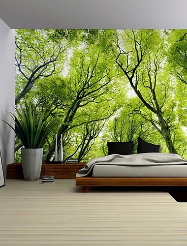  Naturwald dicker Baum großer Wandteppich großer 3D-Druck Wandkunst zum Aufhängen für Schlafzimmer Wohnzimmer Wohnkultur, grüne und weiße Waldlandschaft Wandtuch XXL Natur