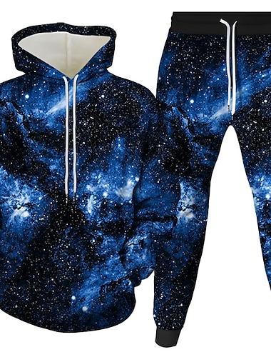  Hombre 3D Estampados de Galaxia 2 piezas Conjuntos de sudaderas 3D Chándal Sudaderas Manga Larga Pantalones largos Con Capucha Estampado 3D Casual Diario Bolsillo delantero Vino Azul Real Morado