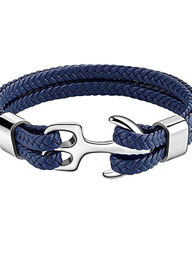  armband voor heren, stevige rundlederen armband, meerlagige vintage ankerarmband omslagmanchet - blauw met zilveren anker