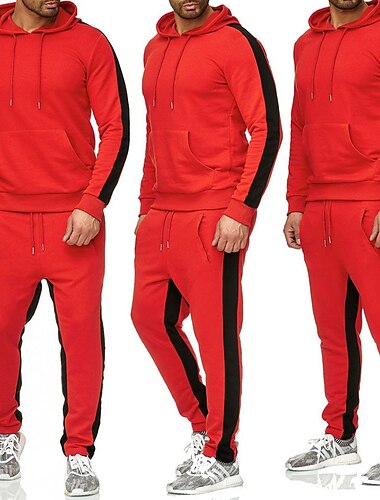  Herren Trainingsanzug Jogginganzug Sportbekleidungsset Hoodie Sweatshirt Kapuze Jogginganzüge Schwarz Weiß Gelb Rote Dunkelgray Mit Kapuze Feste Farbe Streifen Sport & Natur Ausgehen Sportbekleidung
