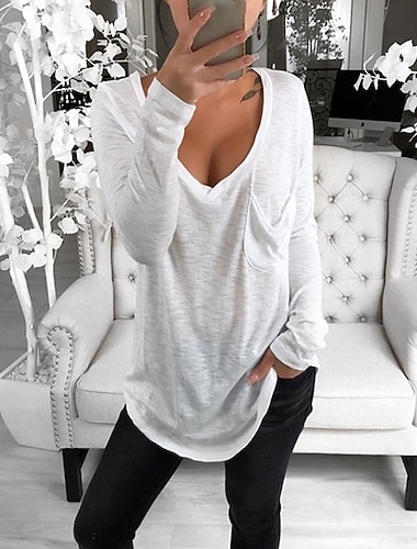  Dámské Tričko Tunika Černá Bílá Světlá růžová Jednobarevné Kapsy Dlouhý rukáv Ležérní Denní Základní Do V Standardní Volný S