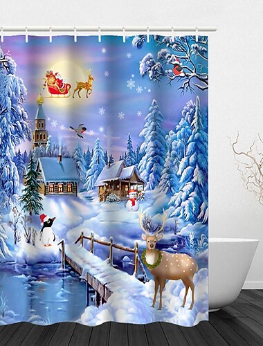  cortina de chuveiro de natal banheiro e gancho arco-íris clássico poliéster bonito decorações de banheiro cena espetacular boneco de neve papai noel árvore de alce