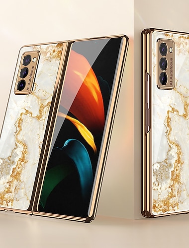  Phone Case For Samsung Galaxy Z Fold 5 Z Fold 4 Z Fold 3 Z Fold 2 Back Cover Plating Single Sided Anti-Scratch Lines / Waves Marble Tempered Glass