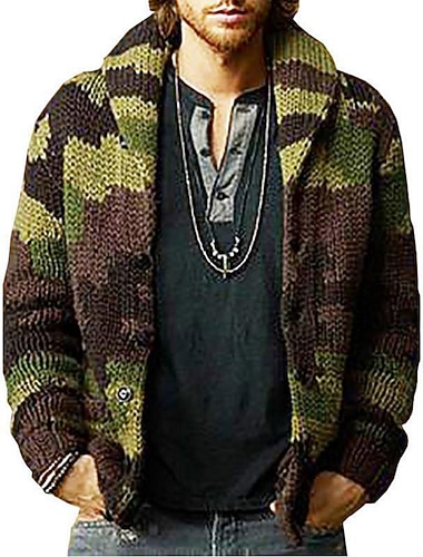  Homme Pull Chandail Gilet Cardigan Tricoter Tricoté Camouflage Col de Chemise Vêtement Tenue Automne Hiver Vert Véronèse M L XL