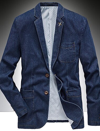  男性用 ジャケット デニムジャケット ジーンジャケット ブレザー ビジネス カクテルの服装 ソリッド Ｖネック コットン レギュラー デニムブルー ヴィンテージブルー ブラック ジャケット