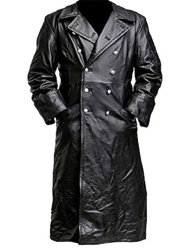  Gabardina sintética para hombre, abrigo antipolvo de cuero, oficial clásico alemán, uniforme militar, gabardina negra
