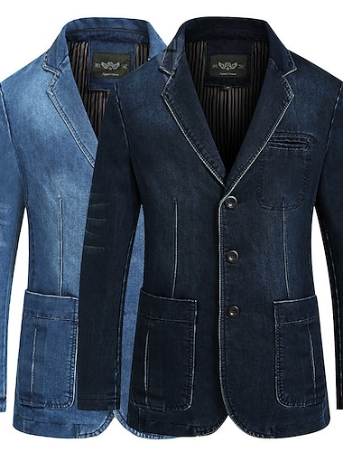  Men's Blazer Denim Jacket Jean Jacket Sport Jacket Sport Coat Going out Button Down Collar Casual Daily Jacket Outerwear Solid Color Light Blue Navy Blue / Cotton / Cotton