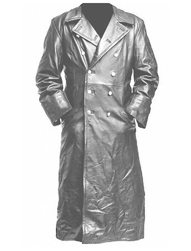  Herrenmantel Faux Trench Leder Staubmantel Deutscher Klassiker Offizier Militäruniform Schwarzer Trenchcoat