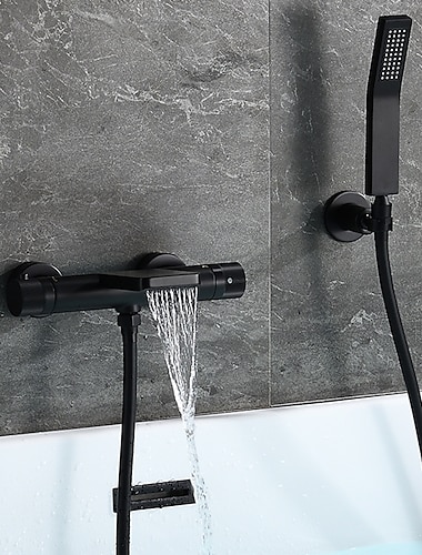  robinet de baignoire sur pied thermostatique finitions peintes en noir siège de douche rotatif mode cascade et pulvérisation mitigeurs de bain douche avec eau chaude et froide