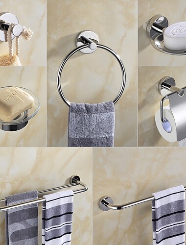  badkamer hardware accessoire handdoek ring/toiletrolhouder/mantel haak/zeepschaal en handdoek houder roestvrij staal wandmontage zilver