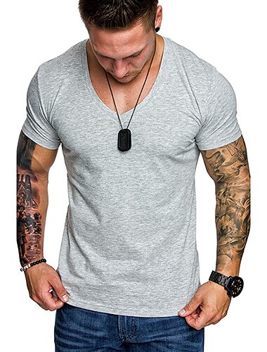  Homens Camiseta T-shirt Manga Curta Decote V Tecido Músculo Essencial Verão Azul marinho Preto Branco Top Tee para Homens