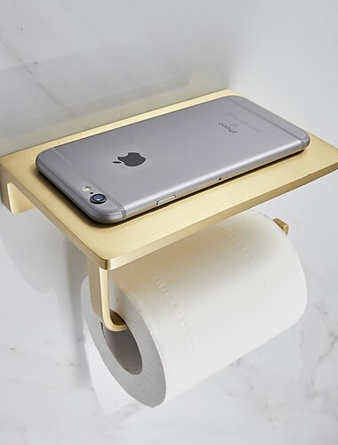  トイレットペーパーホルダークリエイティブメタルバスルームシェルフ付き携帯電話収納棚壁掛けブラッシュドゴールド1pc