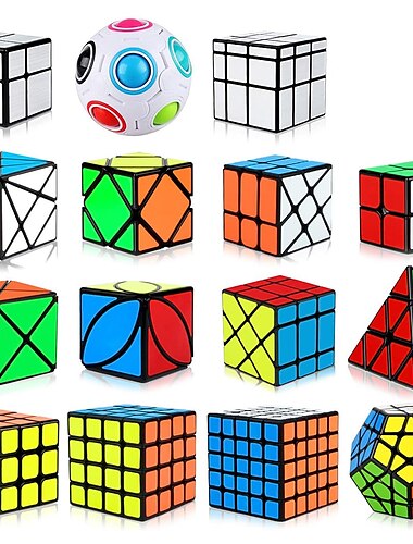  speed cube set, 15 pack cube bundle 2x2 4x4 5x5 megaminx pyramid skew ivy windmill fisher axis dino mirror cube magic rainbow ball sticker cube puzzle collection for festive
