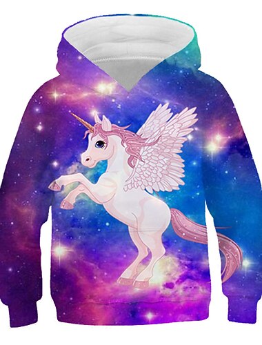  Da ragazza 3D Cielo stellato Unicorno Felpa con cappuccio Manica lunga Stampa 3D Primavera Autunno Inverno Attivo Streetwear Bambino 3-12 anni Esterno Giornaliero