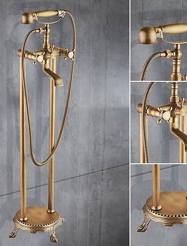  robinet de baignoire monté au sol, style rétro en laiton forme de téléphone finition laiton électrolytique mélangeurs robinet de douche à deux trous avec douchette et drain