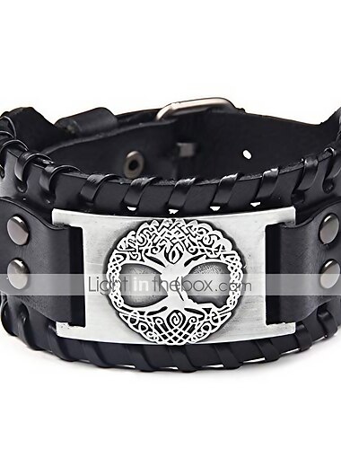  Bracelet manchette en cuir viking - bracelet de loup arbre de vie vintage bracelet talisman scandinave nordique pour païen celtique (argent 2577)