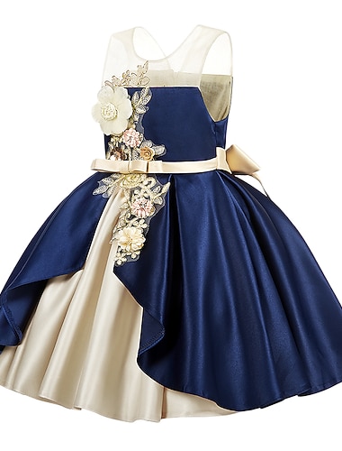  Dzieci Dla dziewczynek Sukienka Solidne kolory Bez rękawów Wiązanie Łuk Aktywny Słodkie Poliester Do kolan Sukienka z kwiatowym haftem Czerwony Granatowy Fioletowy
