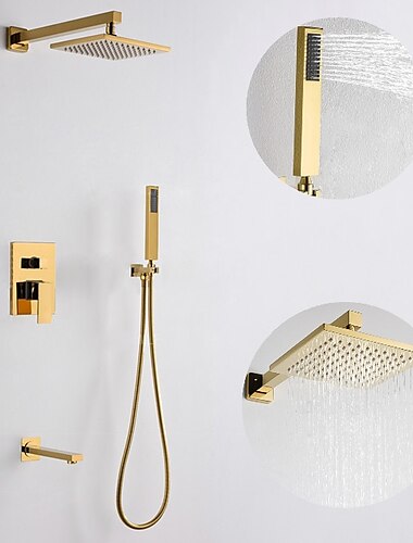  douchekraan, 8 inch gouden douchekranen sets compleet met roestvrijstalen douchekop, massief messing handdouche en roterend mondstuk wandmontage regendouchesysteem