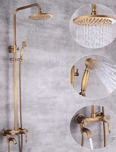  Shower System Faucet Set 8" Showerhead Golden, Rainfall Vintage Style Combo Kit with Handheld Handshower Wall Mounted, Country Antique Brass Mount Outside Ceramic Valve Bath Shower Mixer Taps