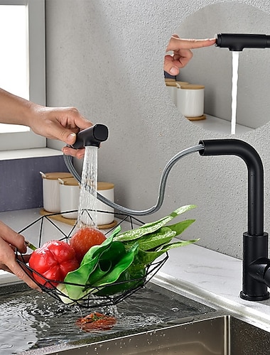  grifo de fregadero de cocina monomando negro de un orificio juego central extraíble/desplegable electrochapado grifos de cocina contemporáneos con modos de chorro y ducha