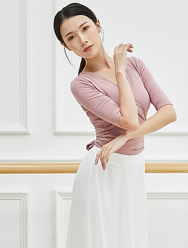  andningsbar balett topp ruching bandage solid kvinnors träningsprestanda halvärm modal